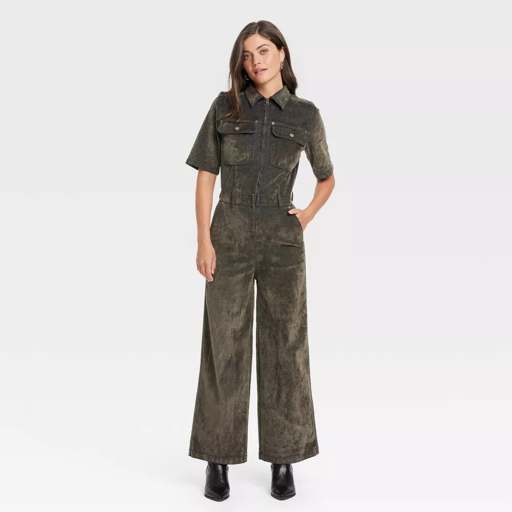 Universal Thread women's short-sleeve olive green corduroy utility jumpsuit.